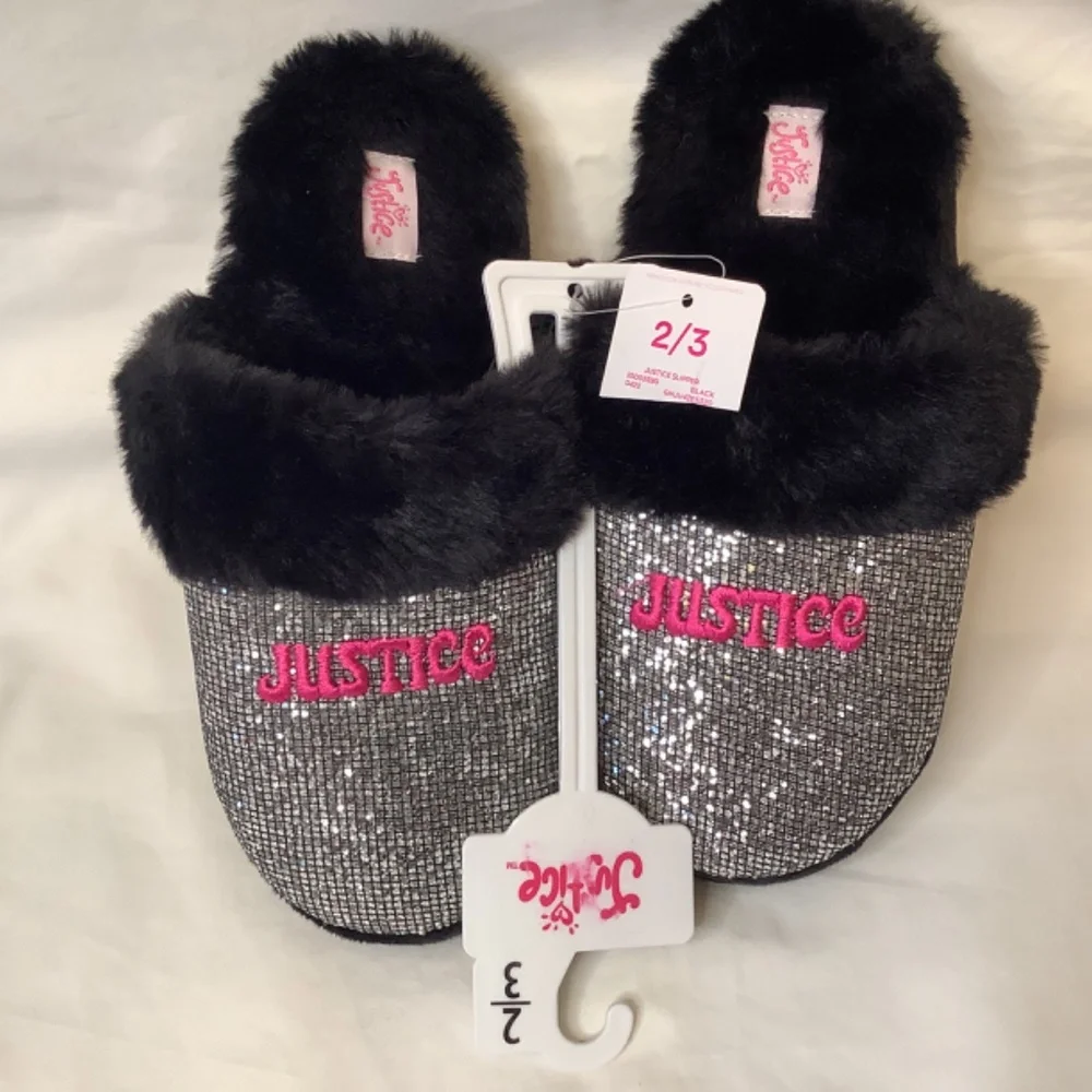 NWT Justice sequin silver black fur slippers‎ girls 2/3 or ladies 5